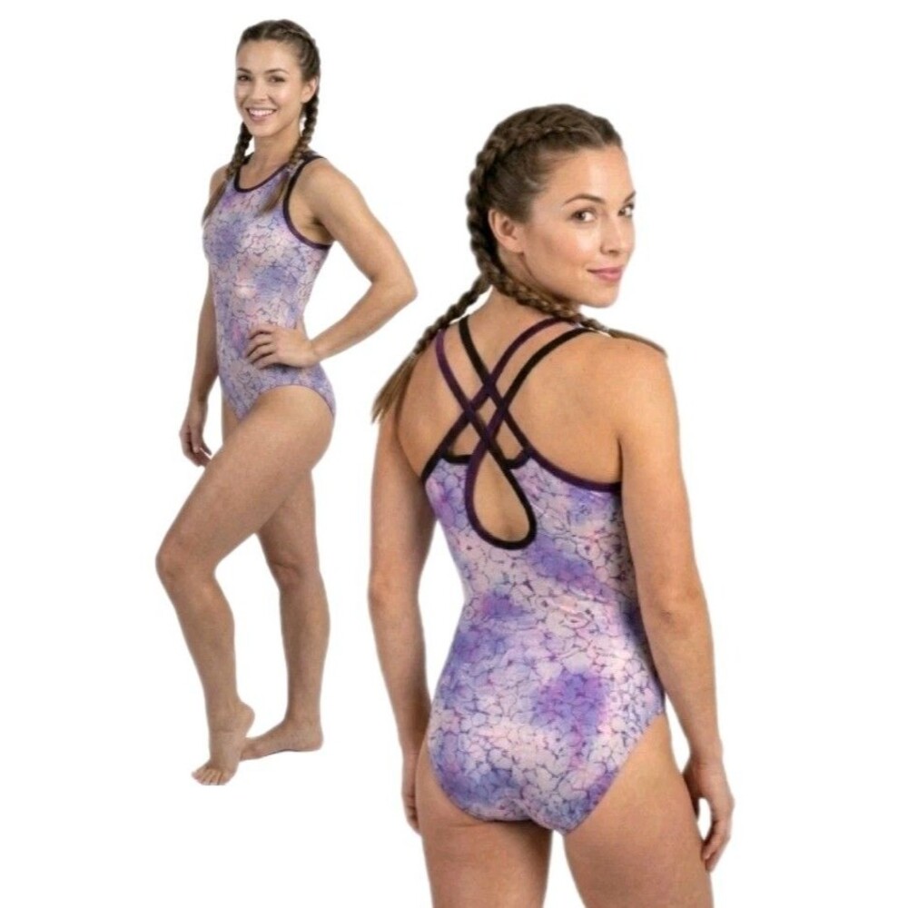 GK Elite VTG Holographic Floral Strappy Keyhole Cami Leotard Size AL Purple Plum